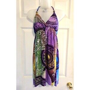 Paradise Purple Paisley Patchwork Halter Mini Dress Y2K Whimsigoth Festival VTG
